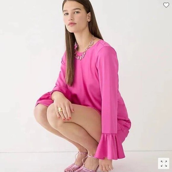 J Crew Women Pink Shift And Ruffle Long Sleeve Crew Neck Satin Crepe Dress.  SZ0 - Picture 2 of 4